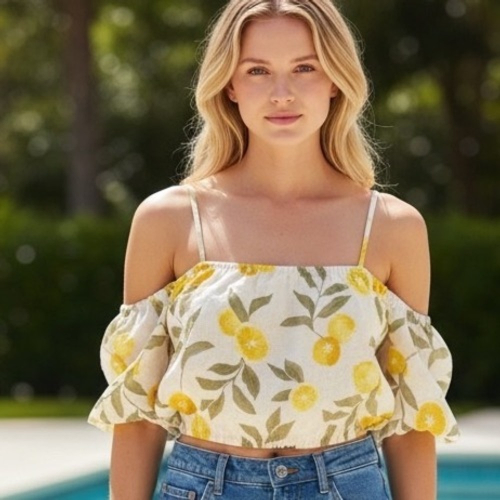Z Supply Lemon Print Linen Blend Crop Cami Top Yellow Cream Womens M Cottagecore